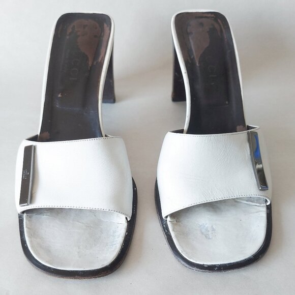 Tom Ford Era Gucci Slide Block Chunky Heel White Leather Comfy Mules Sandals - Picture 2 of 16